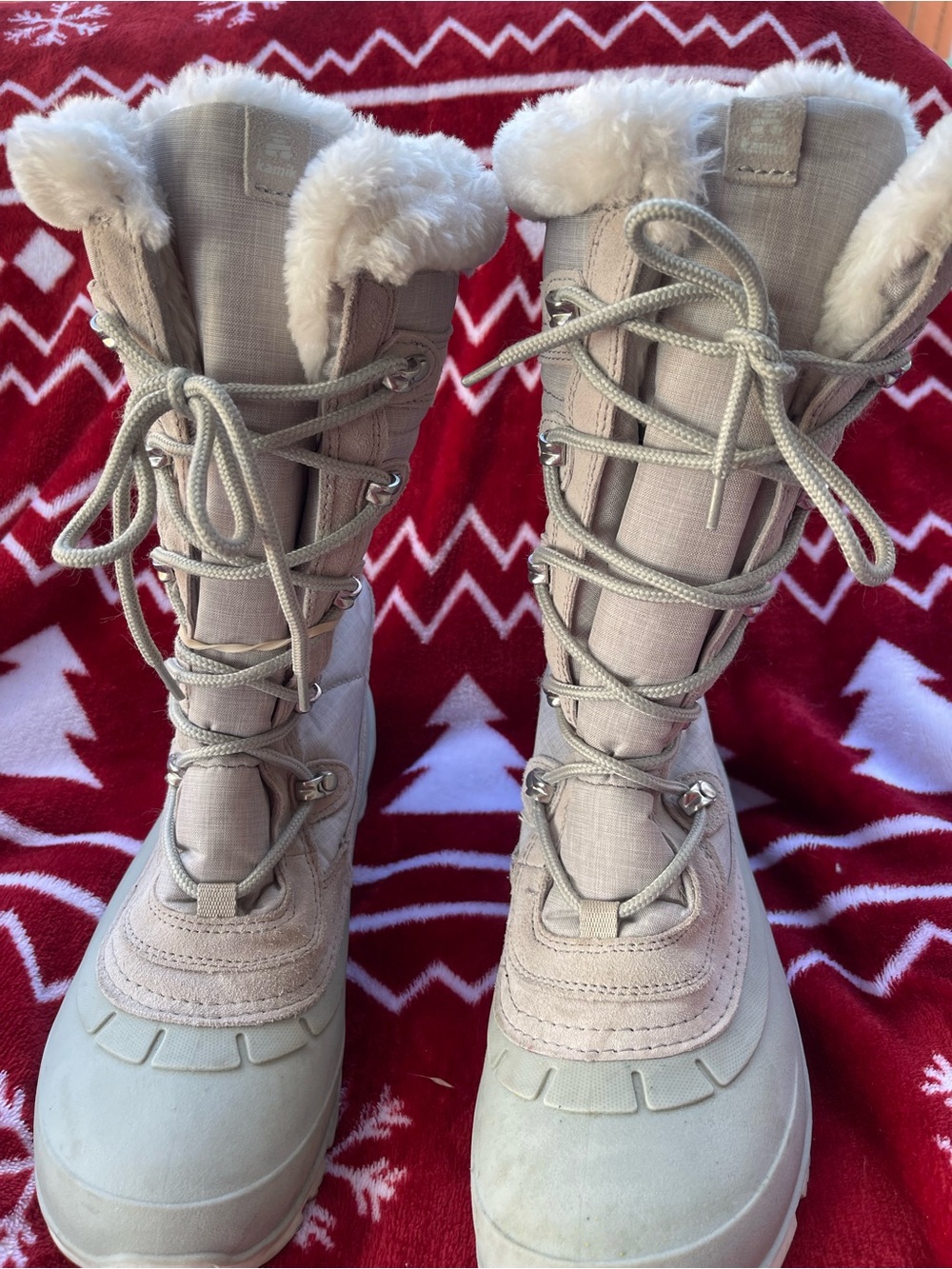 Kamik Women's Light Beige Faux-Fur Lace-Up Winter Boots